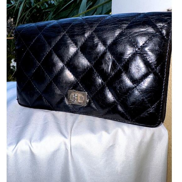 🍒 CHANEL 2.55 Line Matelasse Long Wallet Black Leather Quilted France w/Dustbag - Picture 3 of 13